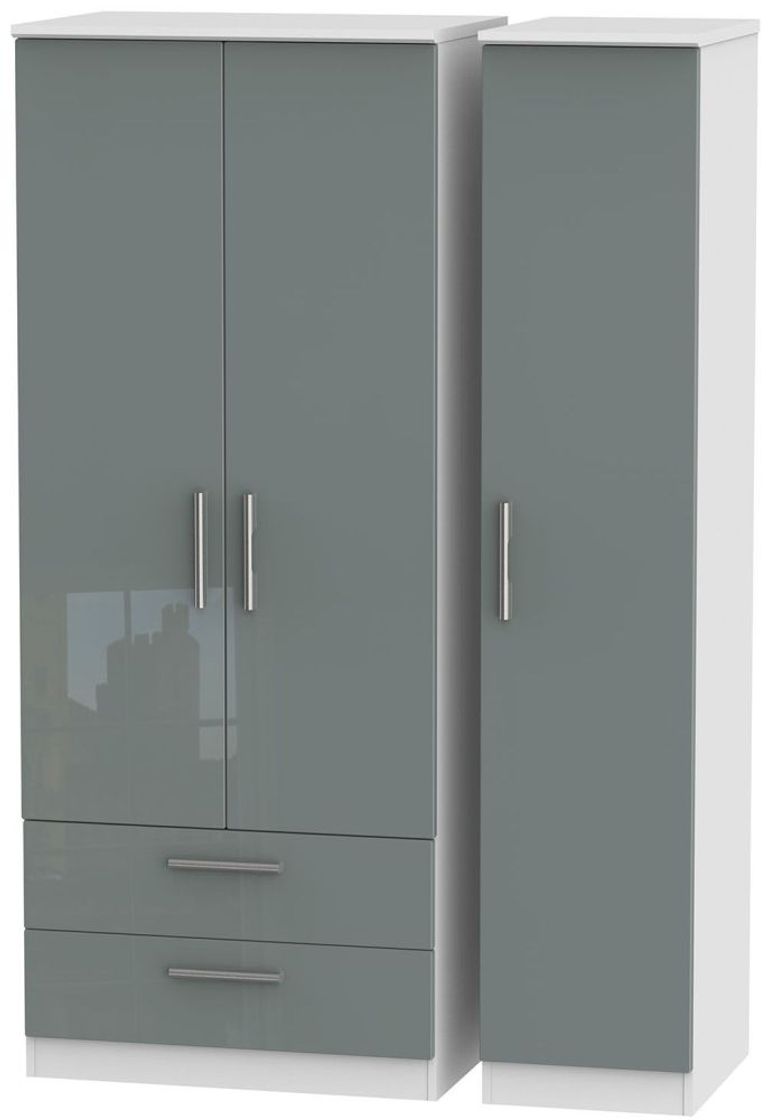 Knightsbridge Grey Gloss and White 3 Door Triple Wardrobe - LHF 2 Drawers
