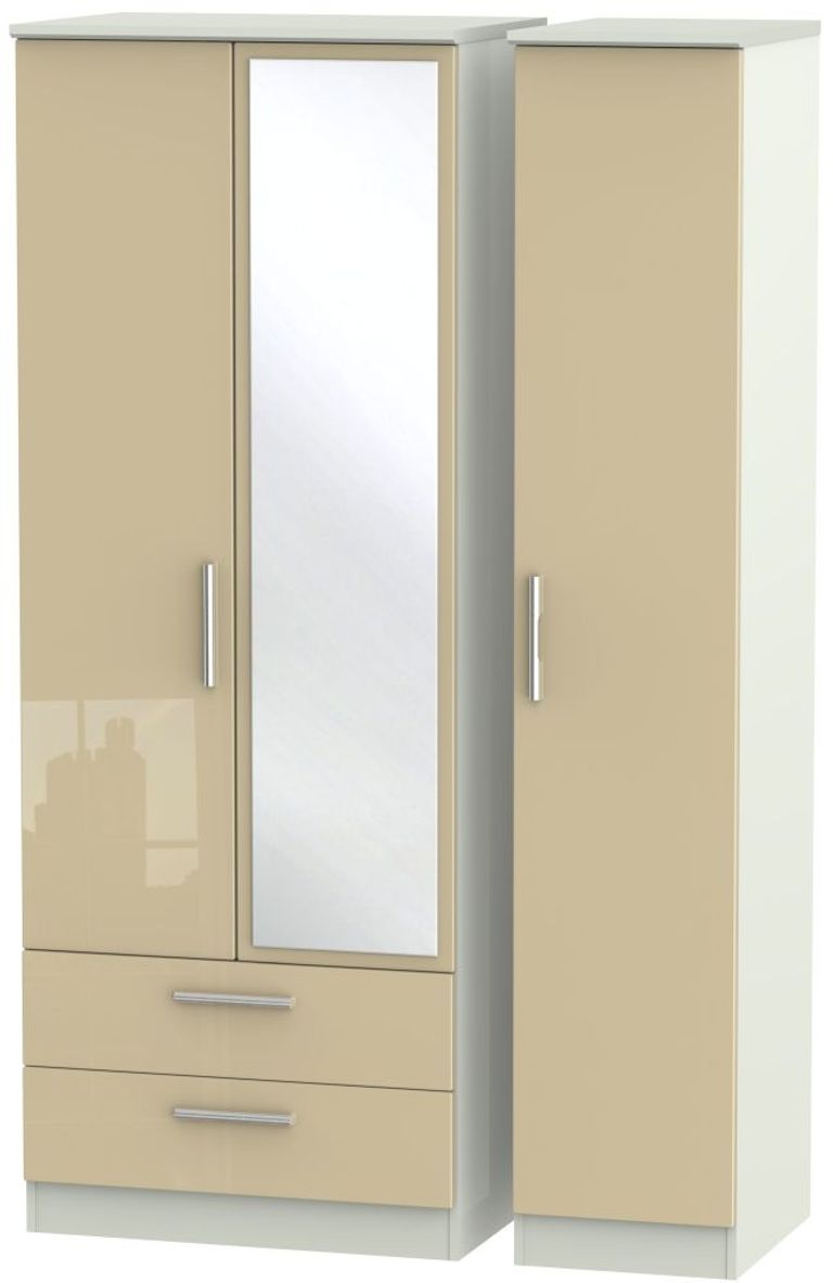 Knightsbridge Mushroom and Cashmere Matt 3 Door Tall Combi Wardrobe - 1 Mirror and LHF 2 Drawers