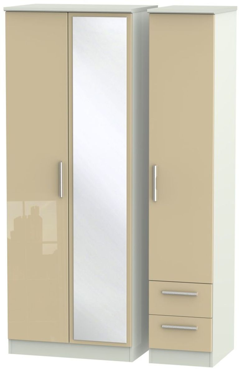 Knightsbridge Mushroom and Cashmere Matt 3 Door Tall Combi Wardrobe - 1 Mirror and RHF 2 Drawers