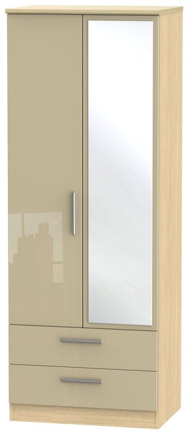 Knightsbridge Mushroom and Light Oak 2 Door Tall Combi Wardrobe - 1 Mirror