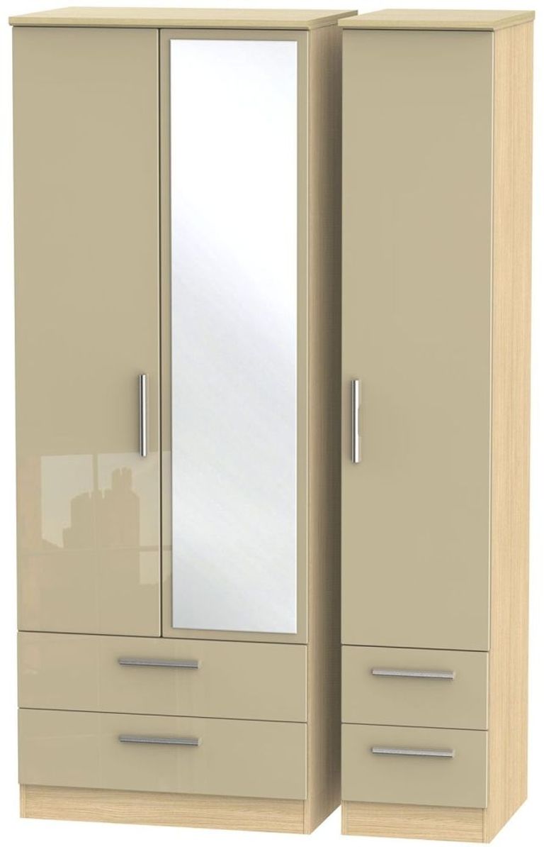 Knightsbridge Mushroom and Light Oak 3 Door Tall Combi Wardrobe - 1 Mirror