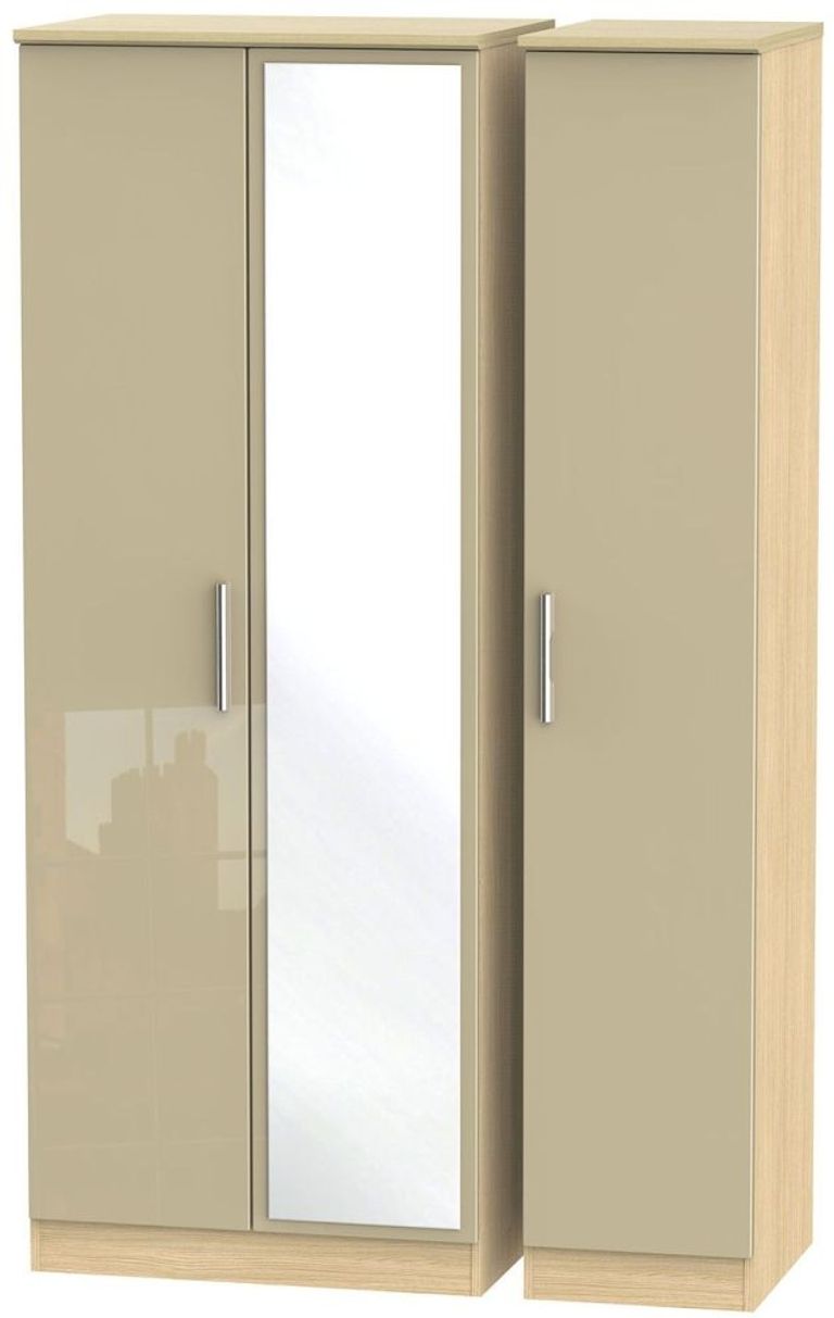 Knightsbridge Mushroom and Light Oak 3 Door Tall Triple Wardrobe - 1 Mirror