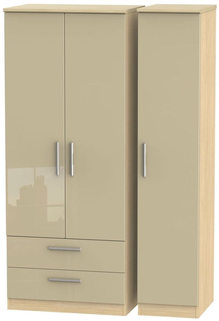 Knightsbridge Mushroom and Light Oak 3 Door Triple Wardrobe - LHF 2 Drawers