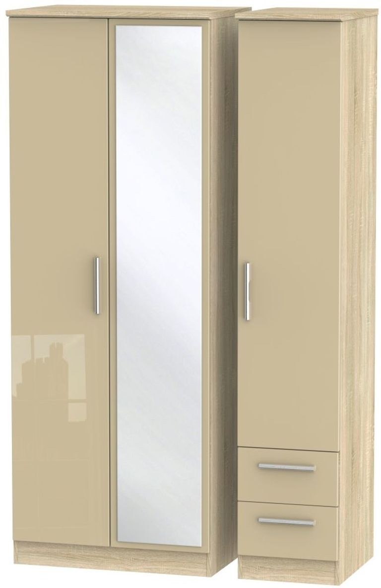 Knightsbridge Mushroom and Oak Effect 3 Door Tall Combi Wardrobe - 1 Mirror and RHF 2 Drawers