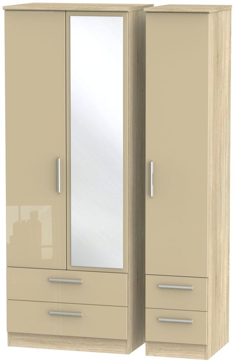 Knightsbridge Mushroom and Oak Effect 3 Door Tall Combi Wardrobe - 1 Mirror