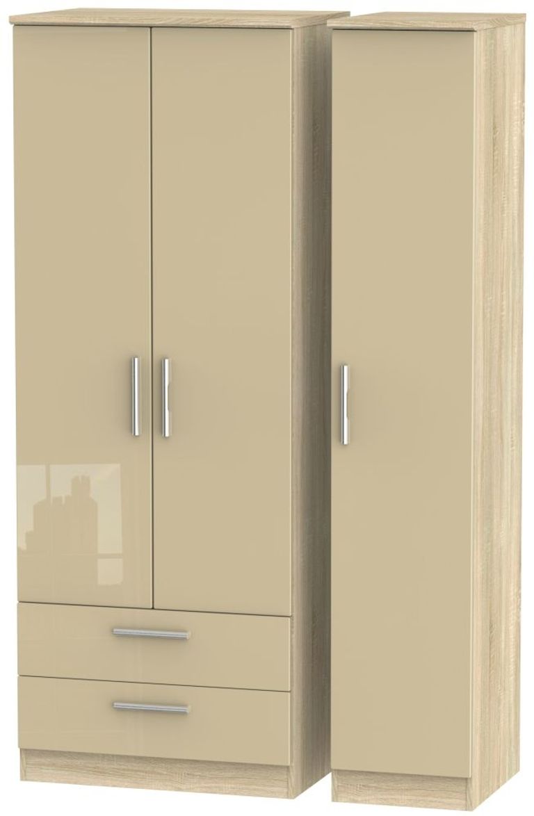 Knightsbridge Mushroom and Oak Effect 3 Door Tall Triple Wardrobe - LHF 2 Drawers