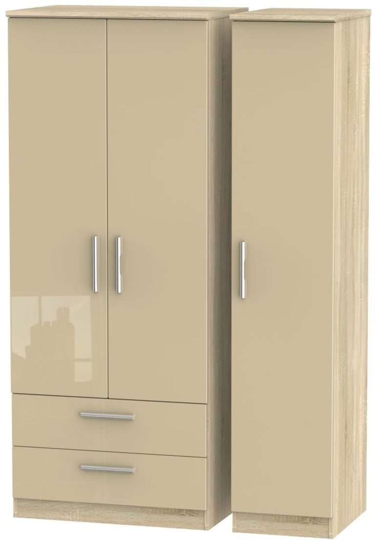 Knightsbridge Mushroom and Oak Effect 3 Door Triple Wardrobe - LHF 2 Drawers