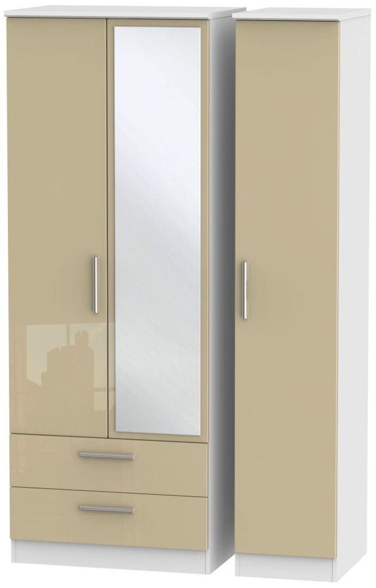 Knightsbridge Mushroom and White 3 Door Tall Combi Wardrobe - 1 Mirror and LHF 2 Drawers