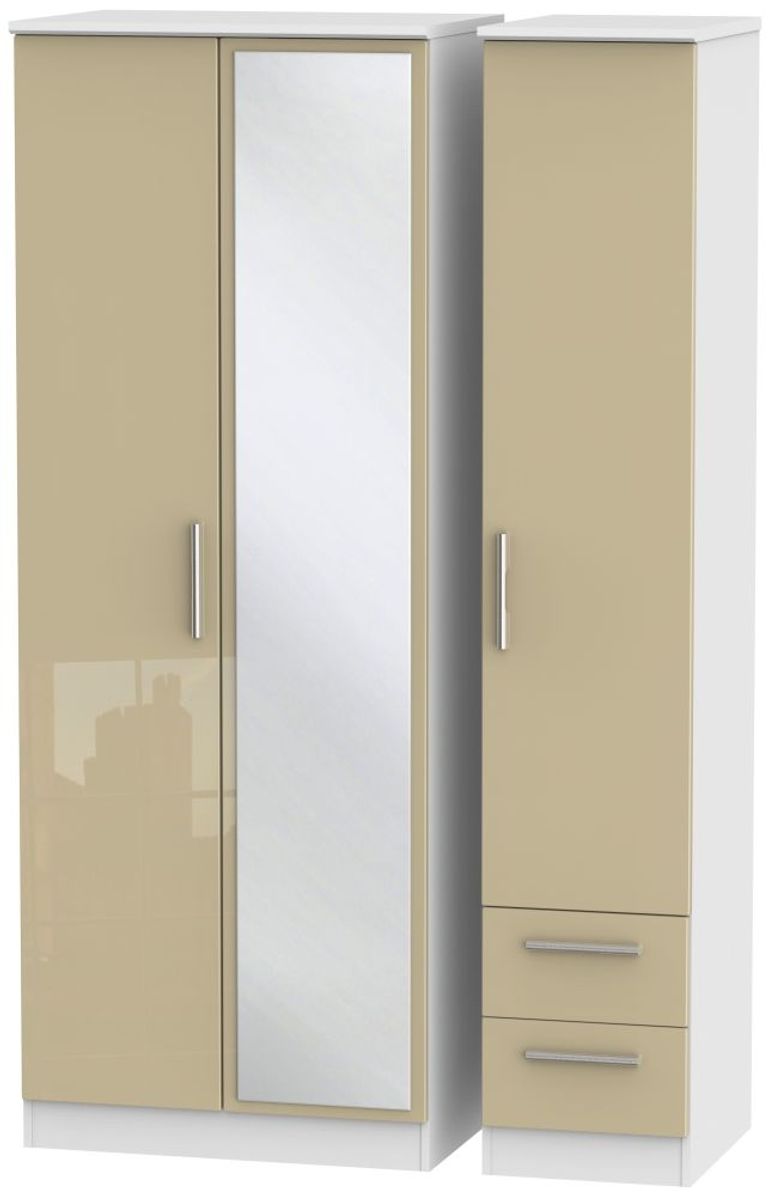 Knightsbridge Mushroom and White 3 Door Tall Combi Wardrobe - 1 Mirror and RHF 2 Drawers