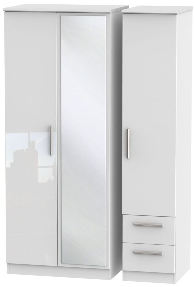Knightsbridge White Gloss 3 Door Combi Wardrobe - 1 Mirror and RHF 2 Drawers
