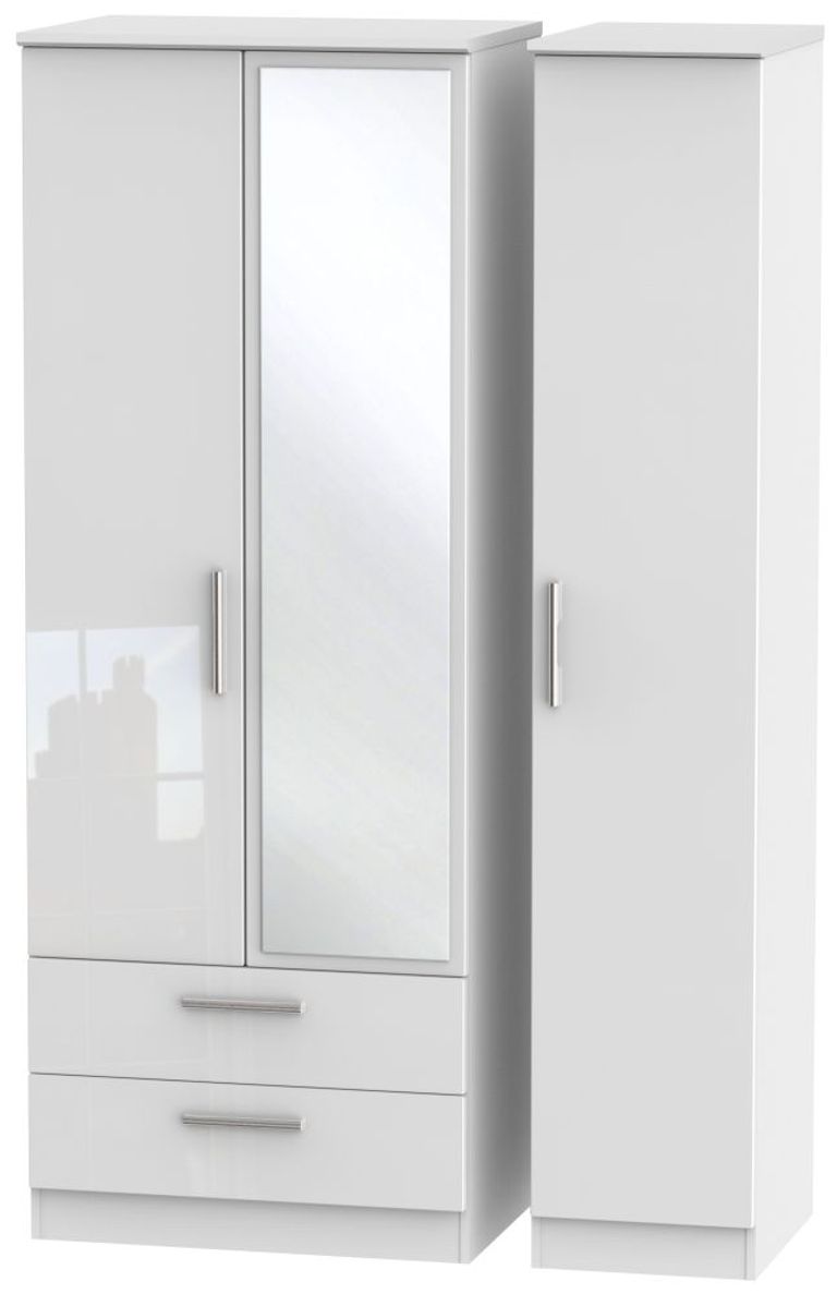 Knightsbridge White Gloss 3 Door Tall Combi Wardrobe - 1 Mirror and LHF 2 Drawers