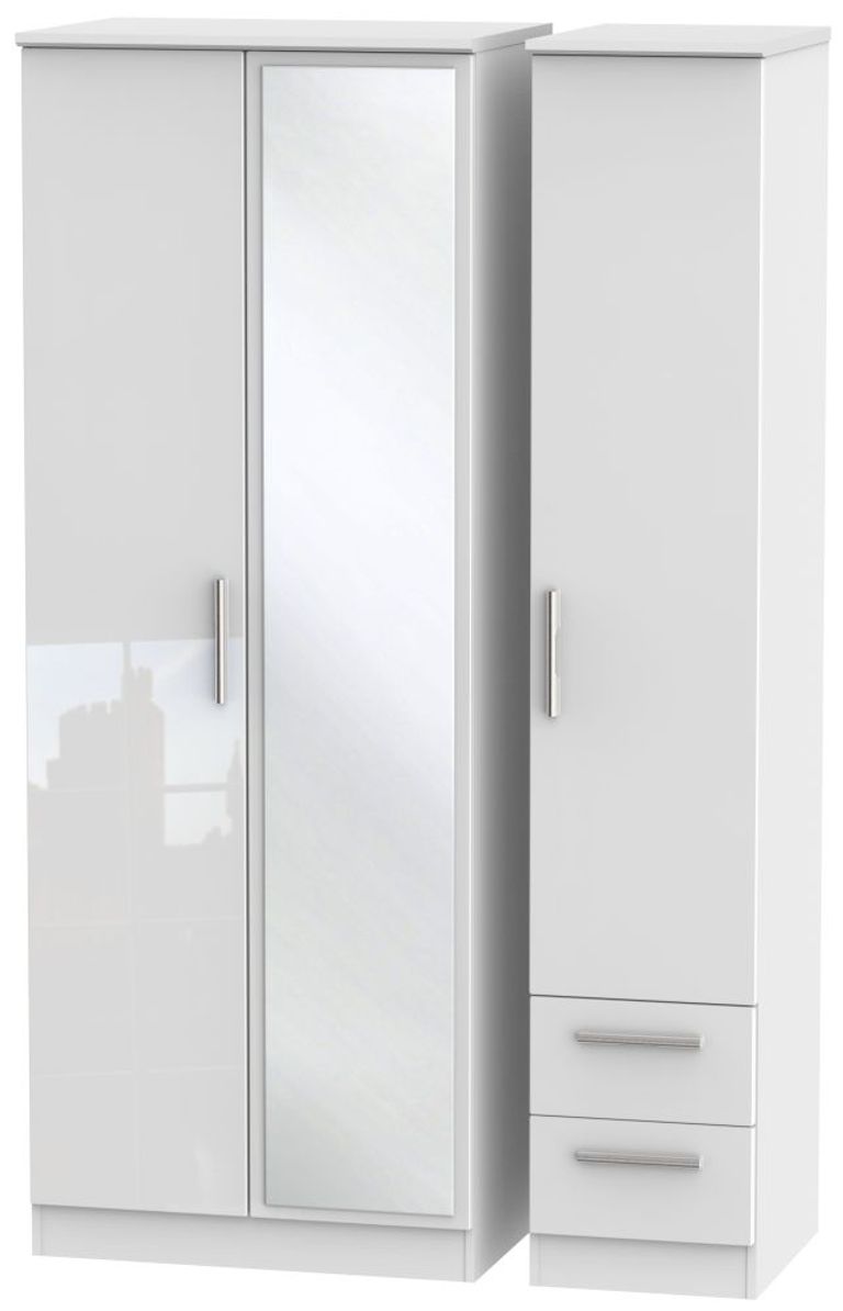 Knightsbridge White Gloss 3 Door Tall Combi Wardrobe - 1 Mirror and RHF 2 Drawers
