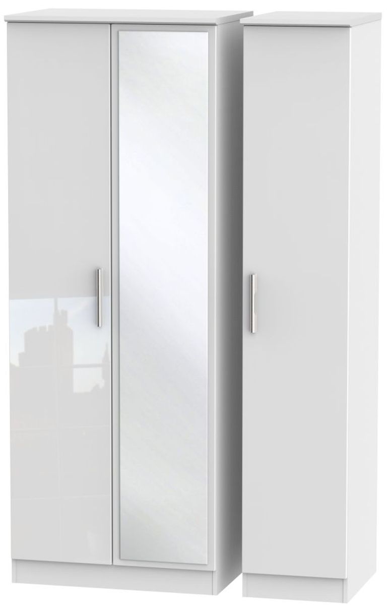 Knightsbridge White Gloss 3 Door Tall Triple Wardrobe - 1 Mirror