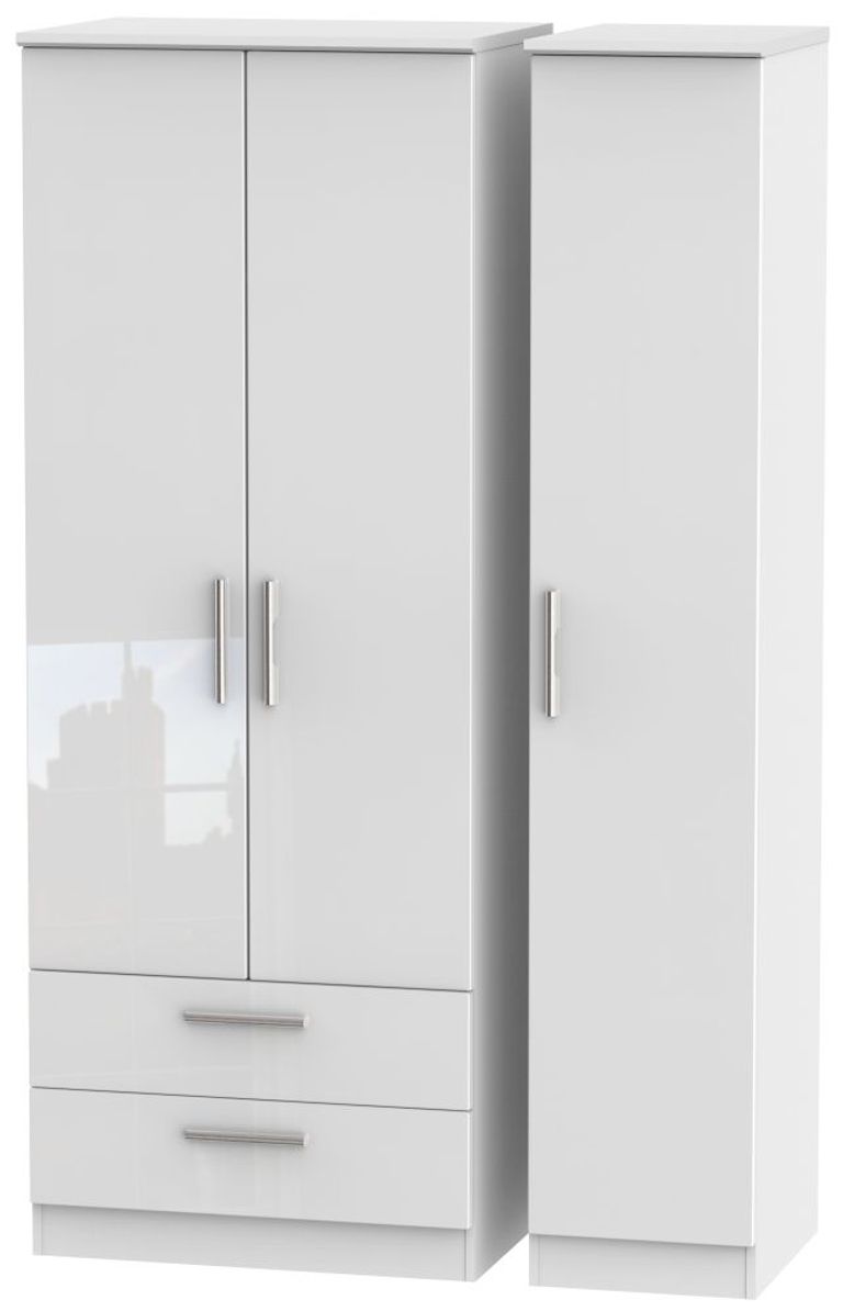 Knightsbridge White Gloss 3 Door Tall Triple Wardrobe - LHF 2 Drawers