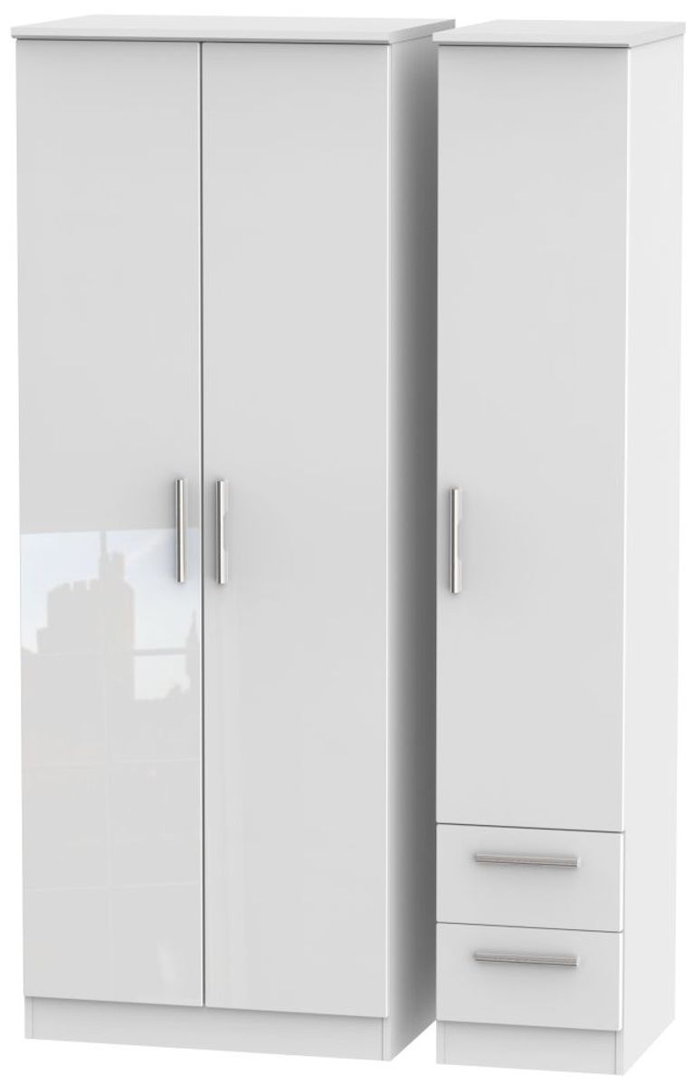 Knightsbridge White Gloss 3 Door Tall Triple Wardrobe - RHF 2 Drawers