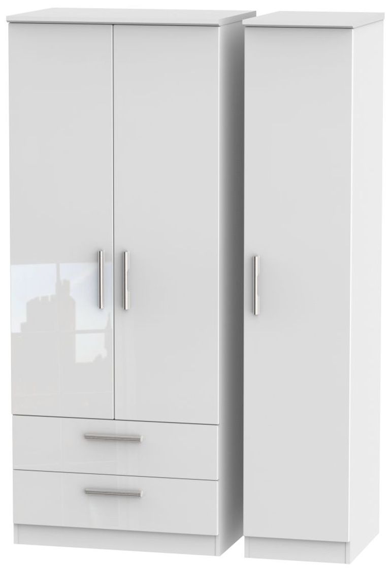 Knightsbridge White Gloss 3 Door Triple Wardrobe - LHF 2 Drawers