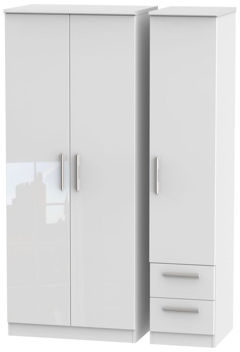 Knightsbridge White Gloss 3 Door Triple Wardrobe - RHF 2 Drawers