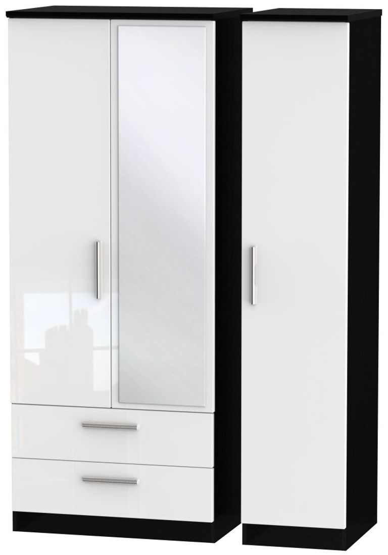 Knightsbridge White Gloss and Black 3 Door Combi Wardrobe - 1 Mirror and LHF 2 Drawers