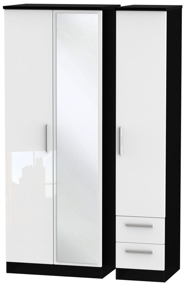 Knightsbridge White Gloss and Black 3 Door Tall Combi Wardrobe - 1 Mirror and RHF 2 Drawers