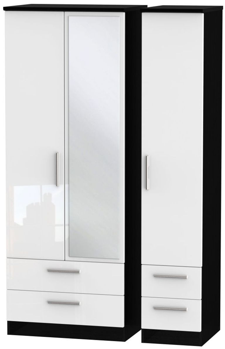 Knightsbridge White Gloss and Black 3 Door Tall Combi Wardrobe - 1 Mirror