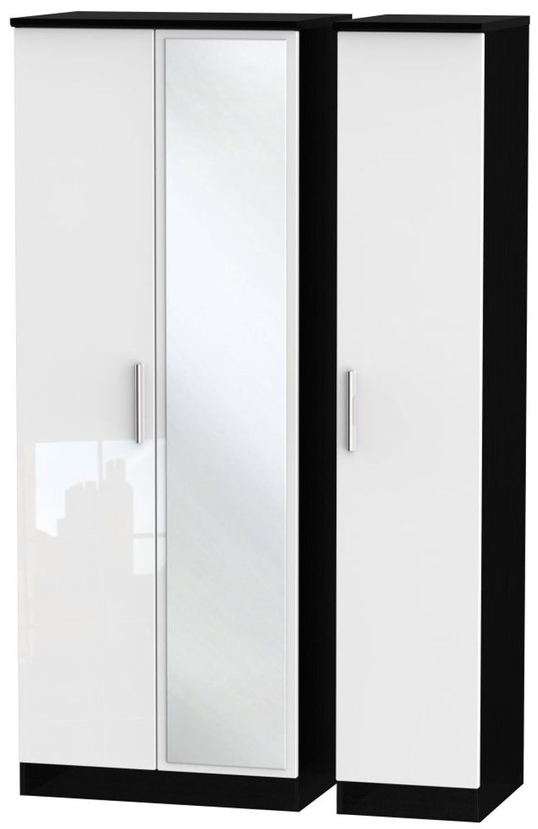 Knightsbridge White Gloss and Black 3 Door Tall Triple Wardrobe - 1 Mirror