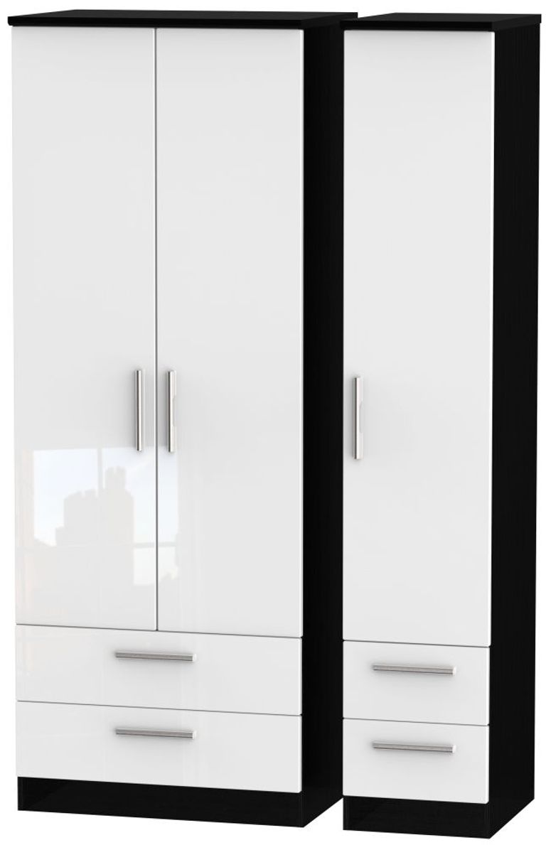 Knightsbridge White Gloss and Black 3 Door Tall Triple Wardrobe - 4 Drawers