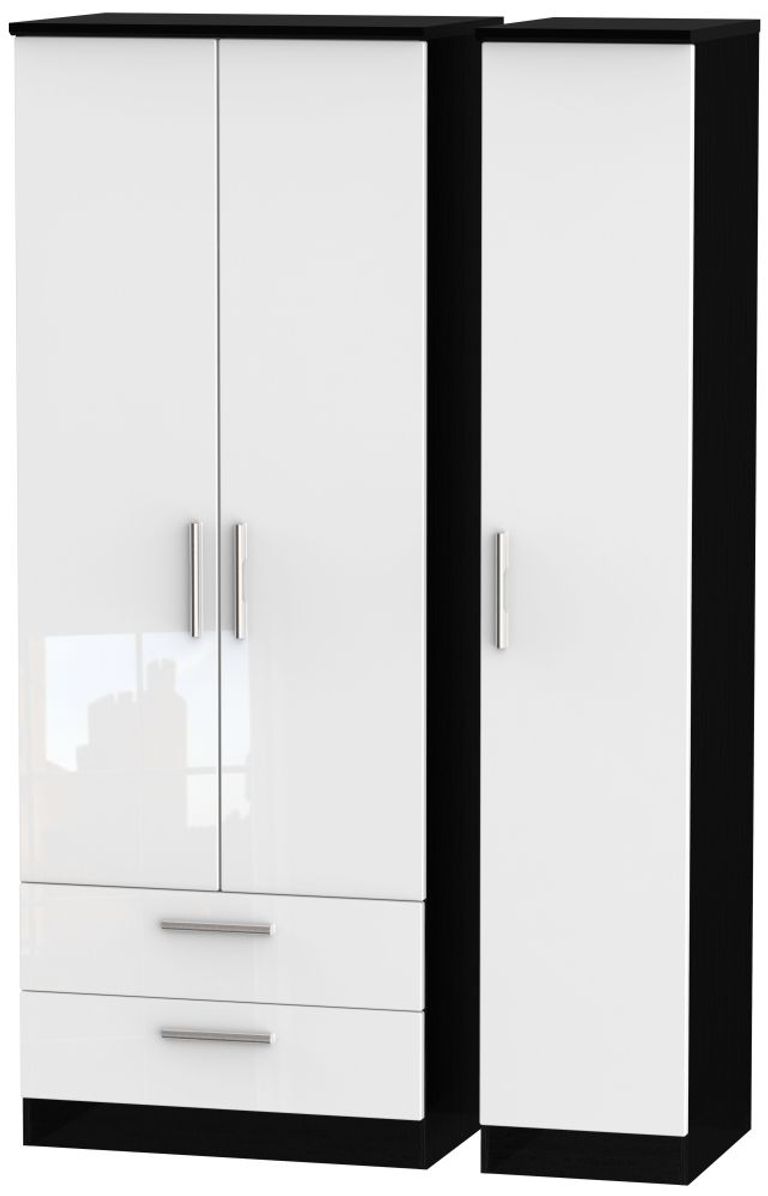 Knightsbridge White Gloss and Black 3 Door Tall Triple Wardrobe - LHF 2 Drawers