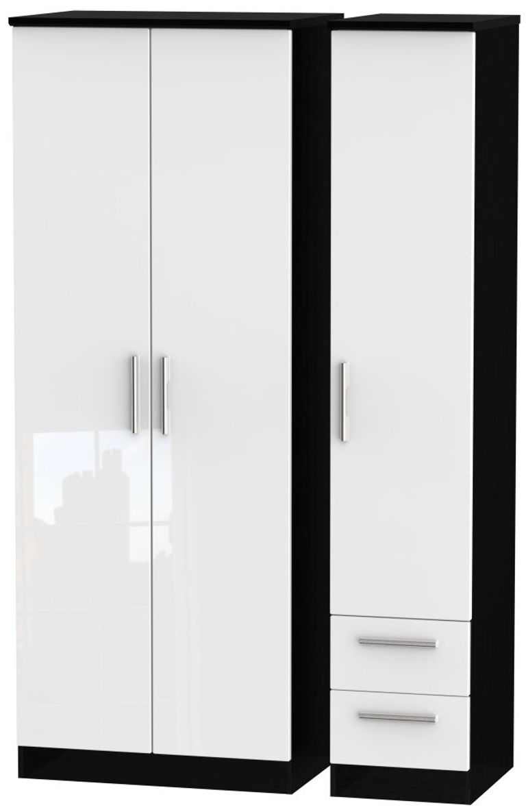 Knightsbridge White Gloss and Black 3 Door Tall Triple Wardrobe - RHF 2 Drawers