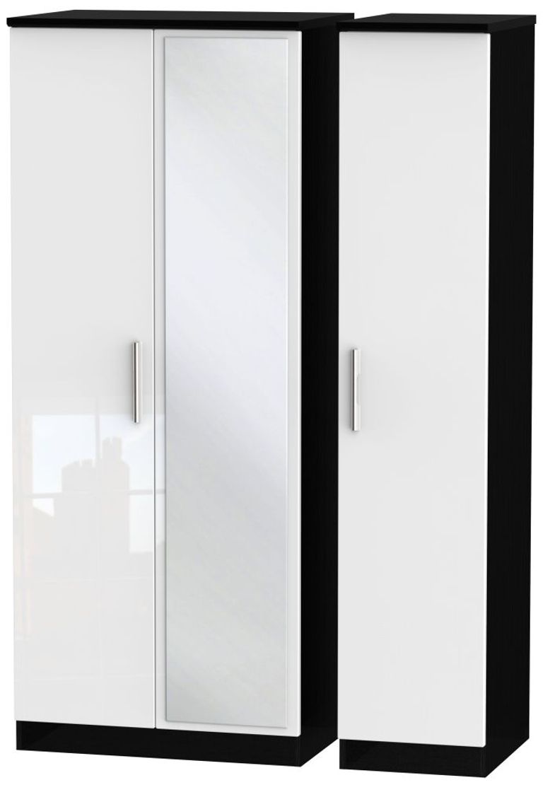 Knightsbridge White Gloss and Black 3 Door Triple Wardrobe - 1 Mirror