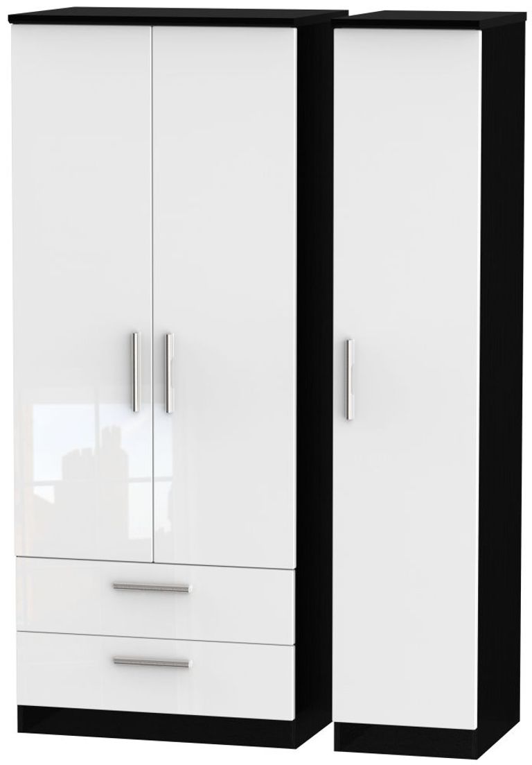 Knightsbridge White Gloss and Black 3 Door Triple Wardrobe - LHF 2 Drawers