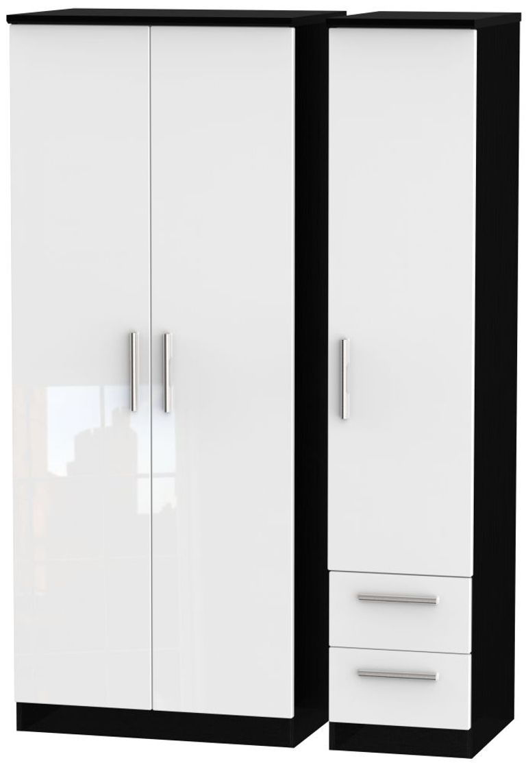 Knightsbridge White Gloss and Black 3 Door Triple Wardrobe - RHF 2 Drawers