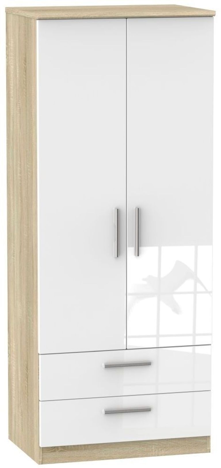 Knightsbridge White Gloss and Oak Effect 2 Door 2 Drawer Double Wardrobe