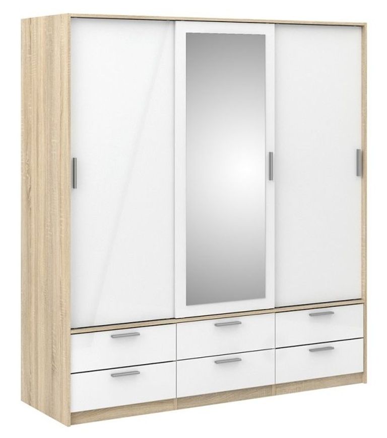 Line Oak Effect and White Gloss 3 Door Combi Wardrobe