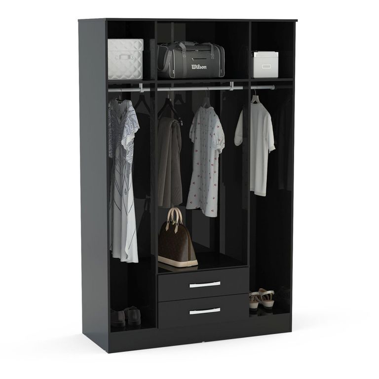 Lynx Combi Wardrobe - 4 Door 2 Drawer - Black Gloss