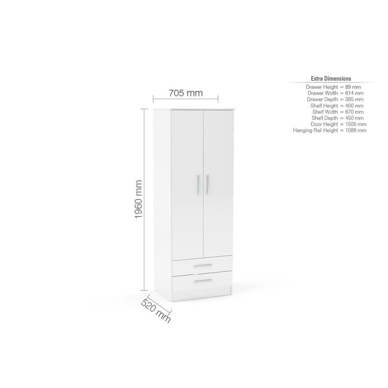 Lynx Double Wardrobe - 2 Door 2 Drawer - White Gloss