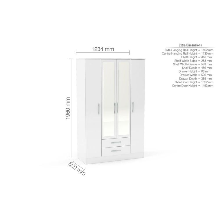 Lynx Combi Wardrobe - 4 Door 2 Drawer - White Gloss