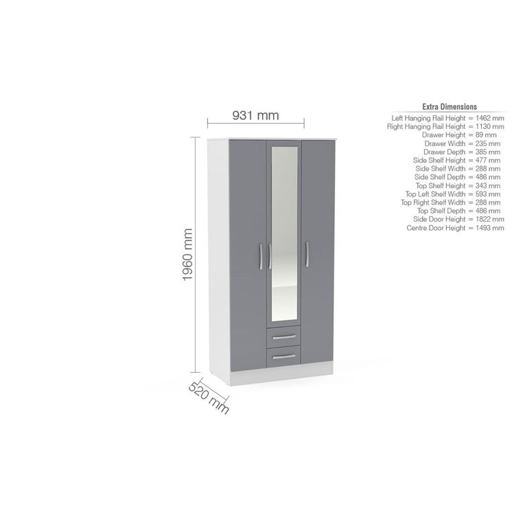 Lynx Combi Wardrobe - 3 Door - 2 Drawer - White and Grey Gloss