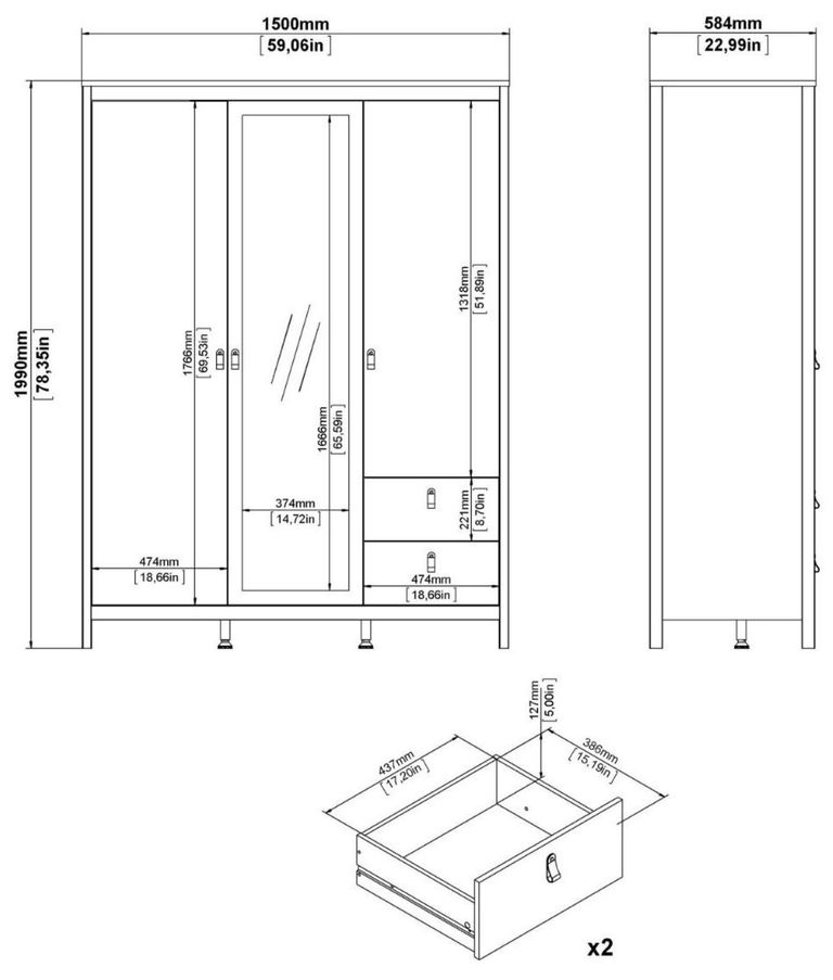 Madrid White 2 Door Combi Wardrobe