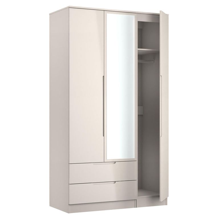 Milan Cashmere Gloss 3 Door Tall Combi Wardrobe - 1 Mirror and LHF 2 Drawers