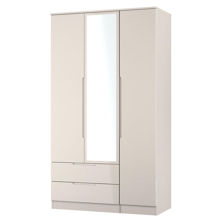 Milan Cashmere Gloss 3 Door Tall Combi Wardrobe - 1 Mirror and LHF 2 Drawers