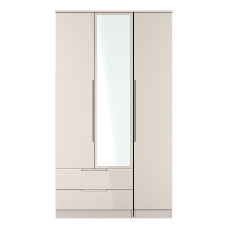 Milan Cashmere Gloss 3 Door Tall Combi Wardrobe - 1 Mirror and LHF 2 Drawers