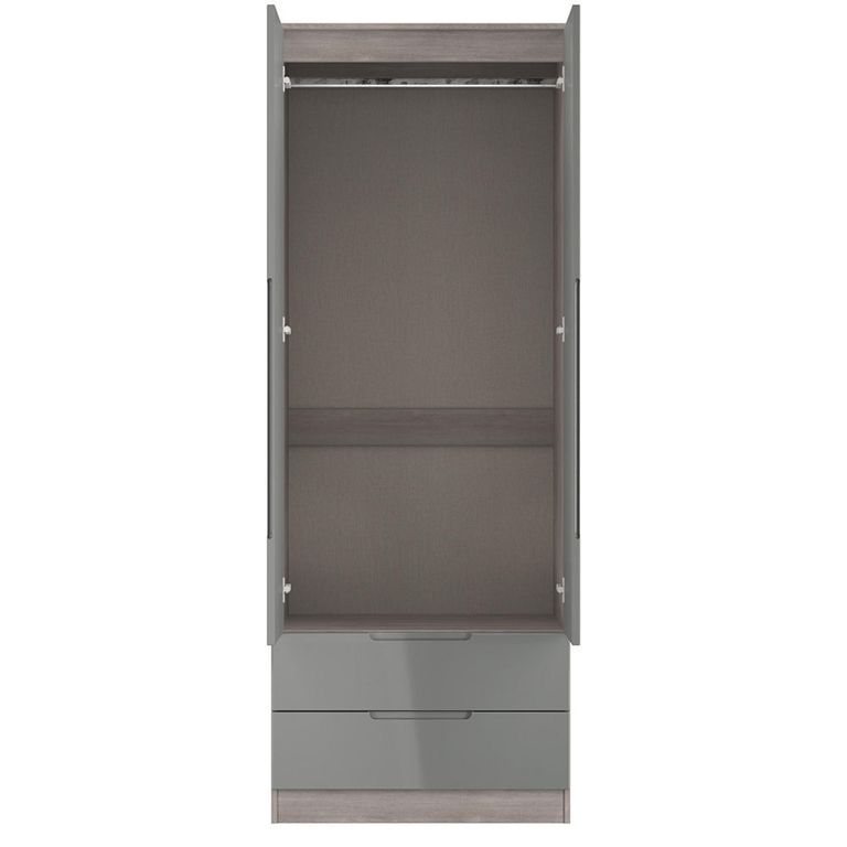 Milan Grey Gloss and Grey Oak 2 Door 2 Drawer Double Wardrobe