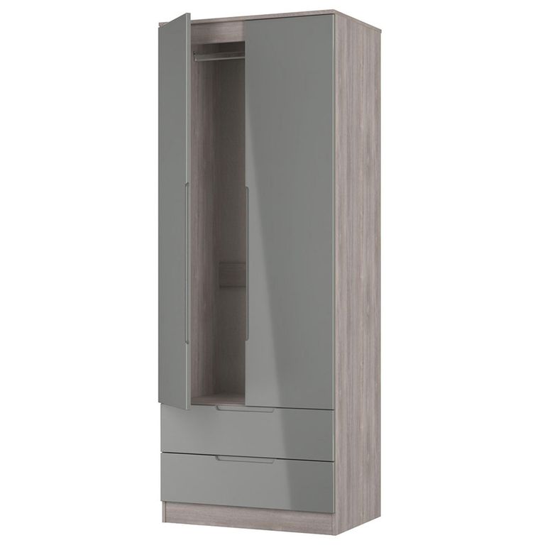 Milan Grey Gloss and Grey Oak 2 Door 2 Drawer Double Wardrobe