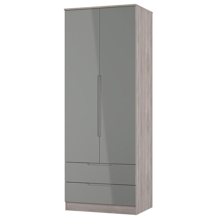 Milan Grey Gloss and Grey Oak 2 Door 2 Drawer Double Wardrobe