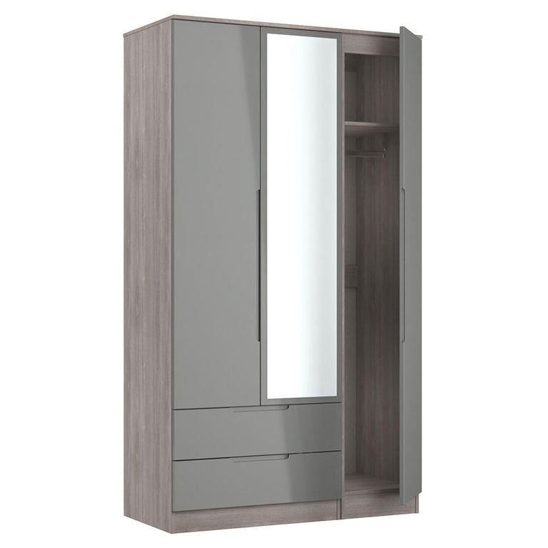 Milan Grey Gloss and Grey Oak 3 Door Tall Combi Wardrobe - 1 Mirror and LHF 2 Drawers