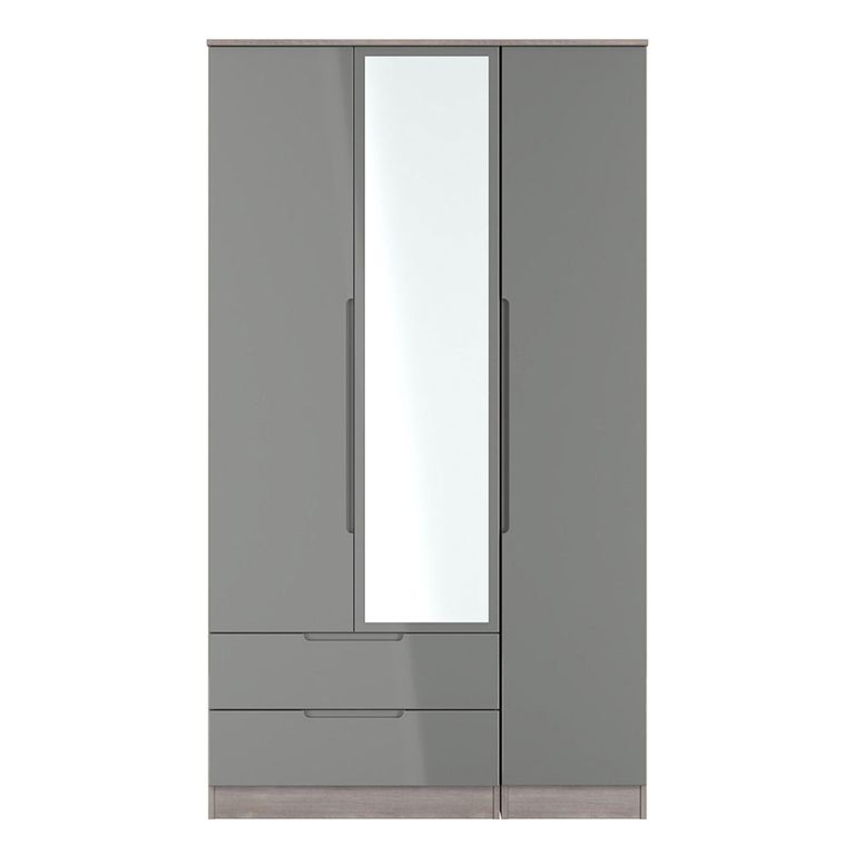 Milan Grey Gloss and Grey Oak 3 Door Tall Combi Wardrobe - 1 Mirror and LHF 2 Drawers