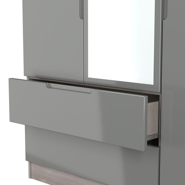 Milan Grey Gloss and Grey Oak 3 Door Tall Combi Wardrobe - 1 Mirror and LHF 2 Drawers