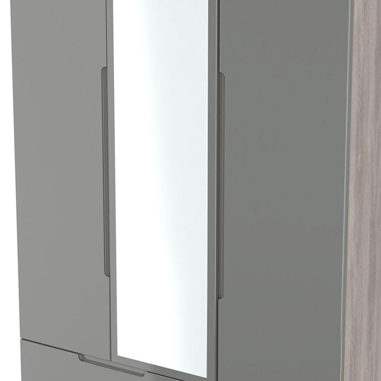 Milan Grey Gloss and Grey Oak 3 Door Tall Combi Wardrobe - 1 Mirror and LHF 2 Drawers