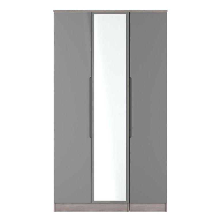 Milan Grey Gloss and Grey Oak 3 Door Tall Triple Wardrobe - 1 Mirror