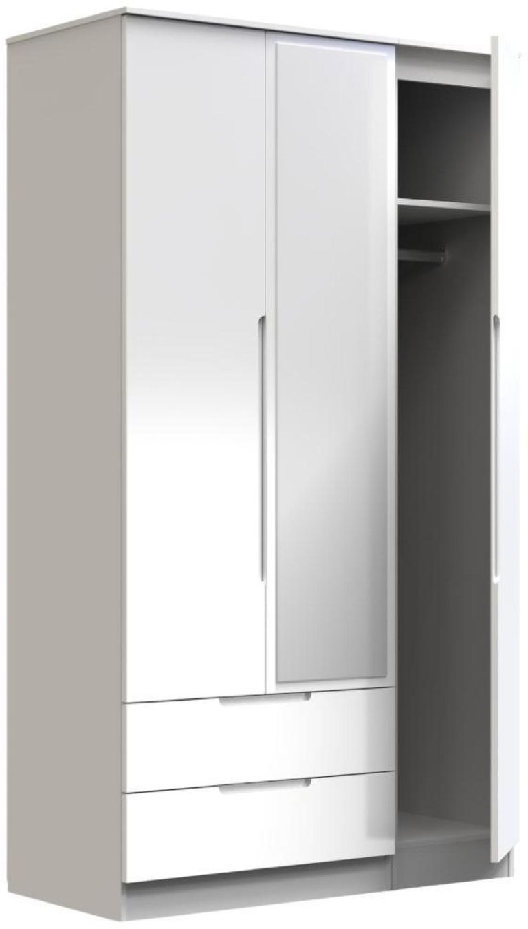 Milan White Gloss 3 Door Tall Combi Wardrobe - 1 Mirror and LHF 2 Drawers